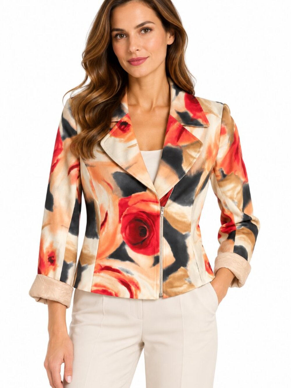 Simon Chang Floral Print Zip-Front Jacket Blazer Size 6 Bold Rose Pattern
